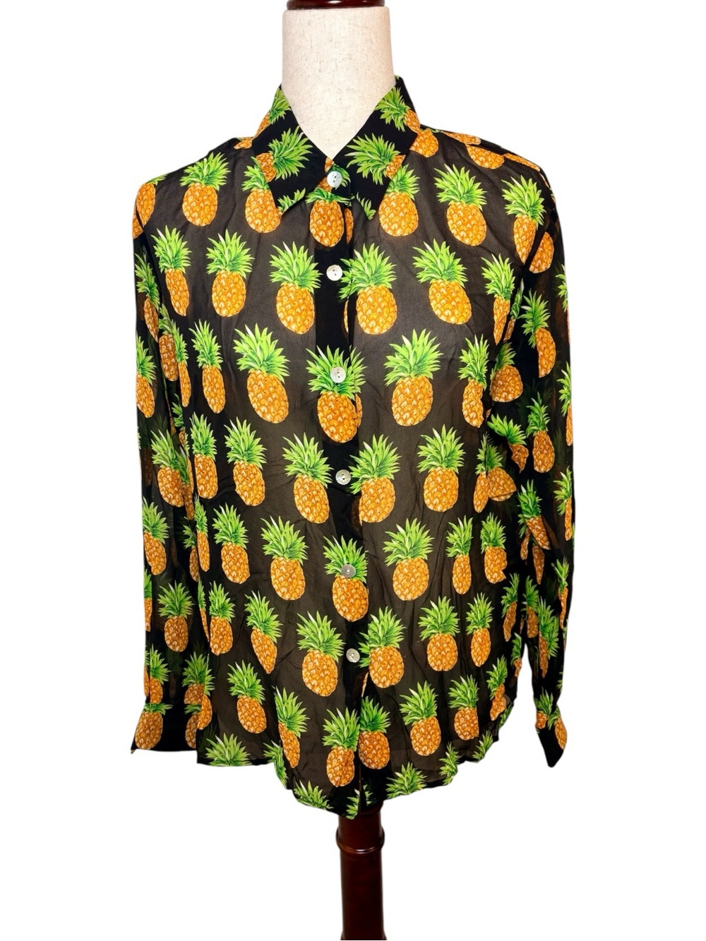 Maggy L Black Pineapple 100% Silk Sheer Tropical Blouse Size 12